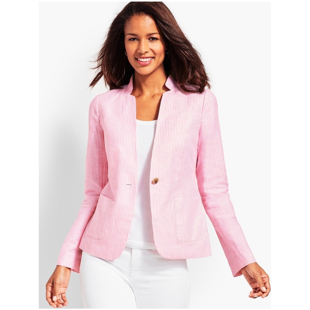 Talbots Aberdeen Pink White Striped Seersucker Blazer Jacket 6P Petite NWT